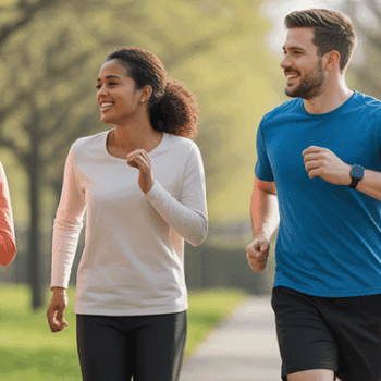 Four adults brisk walking in a park.